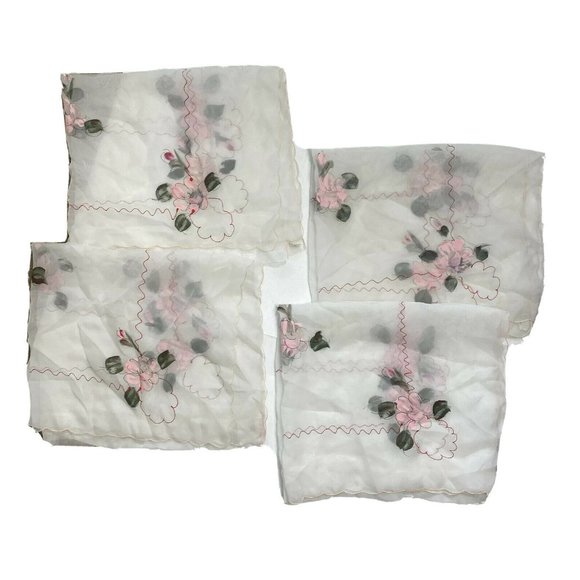 Vintage 1960s Sheer White Valances Curtains 4 Made Japan Hand Painted Pink Red - Picture 5 of 11